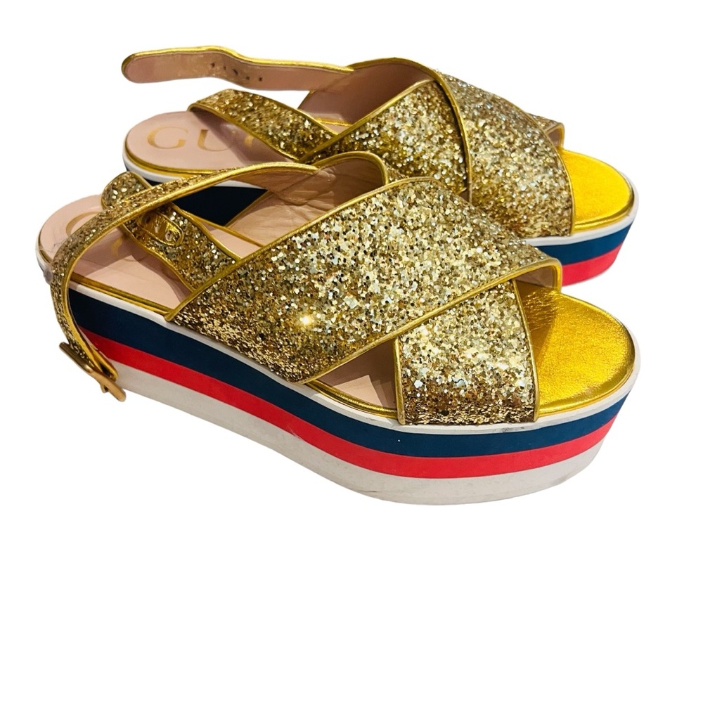 GUCCI Peggy Platform Sandals Gold Glitter. Size 37